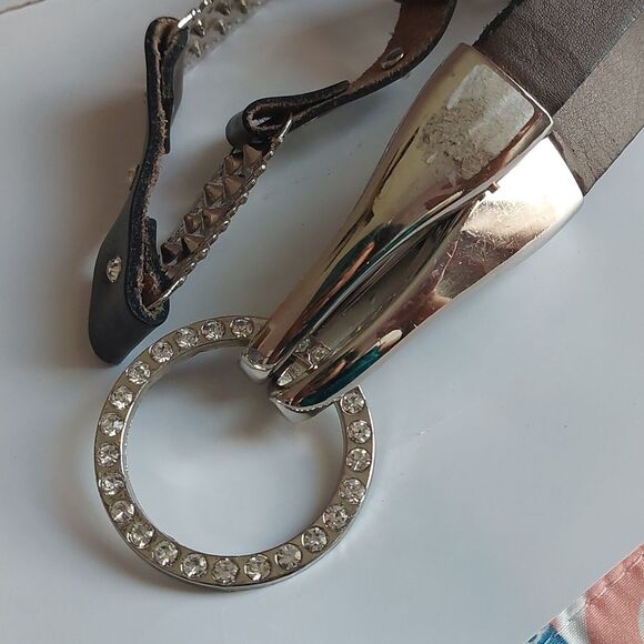 Size 38 Genuine Brown Leather and Rhinestone Paved Silver Tone Panel Linked Belt - Picture 6 of 6